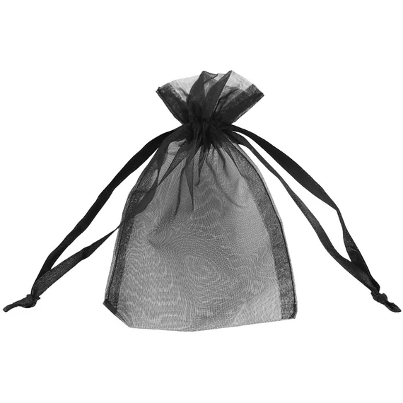 Fekete organza ajándéktasak – 15 × 10 cm, elölnézet